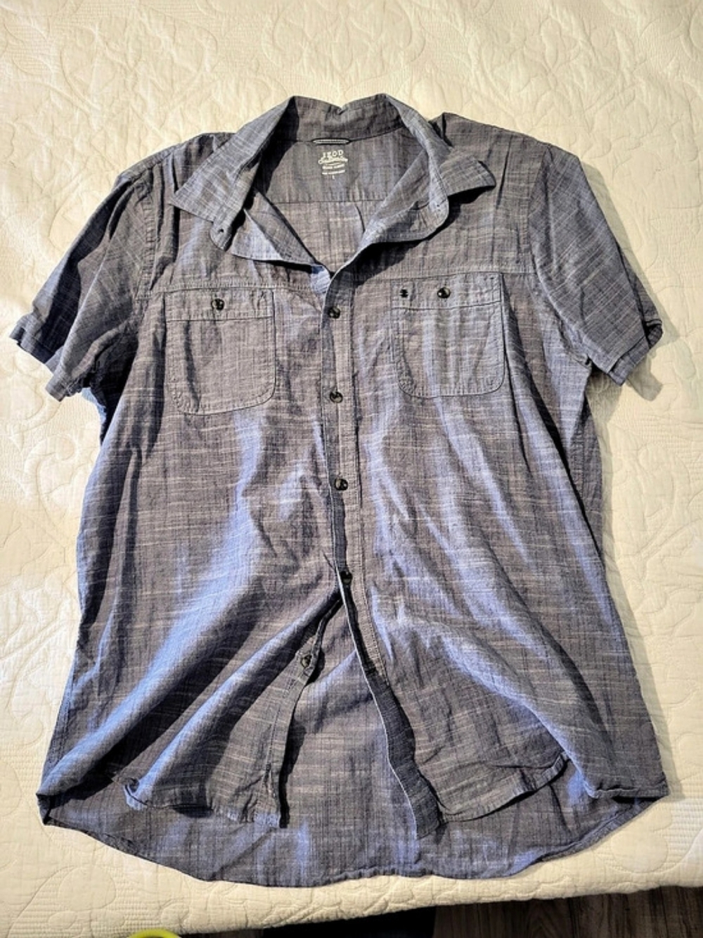 IZOD Saltwater Dockside Chambray Short Sleeve Button-Down Shirt Blue Large